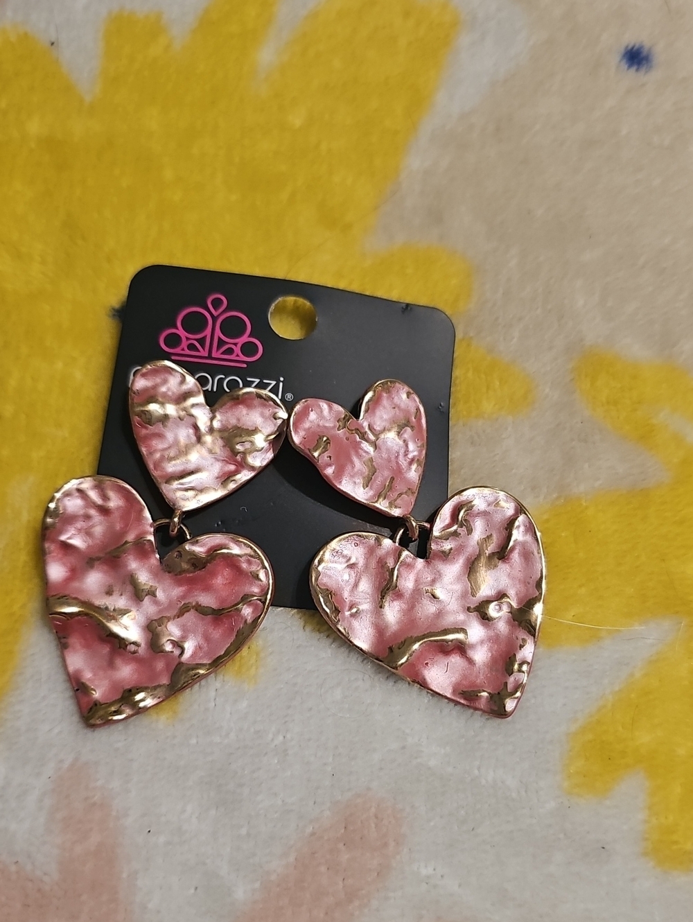 paparazzi Pink Textured Double Heart Drop Earrings - Pink & Gold